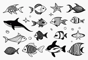 Small sea creatures in a line tattoo idea