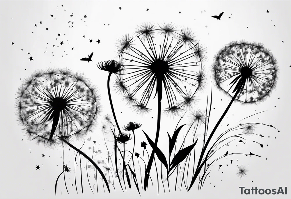 Dandelions blowing in the breeze as constellations cancer, Virgo, Sagittarius, Aries and Pisces tattoo idea