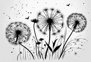 Dandelions blowing in the breeze as constellations cancer, Virgo, Sagittarius, Aries and Pisces tattoo idea