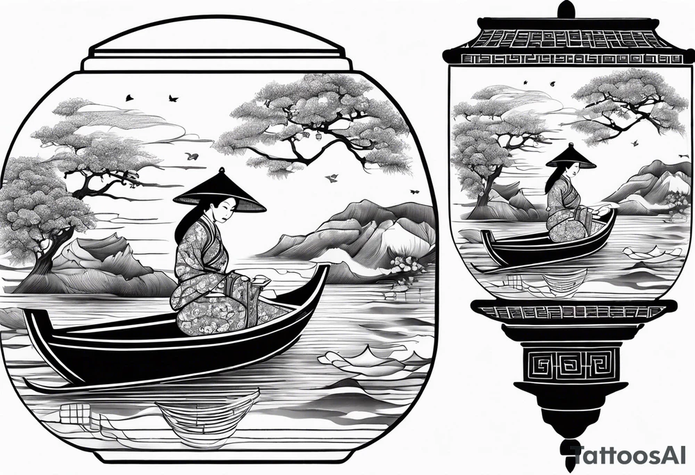 vietnamese lady on boat lanterns water tattoo idea