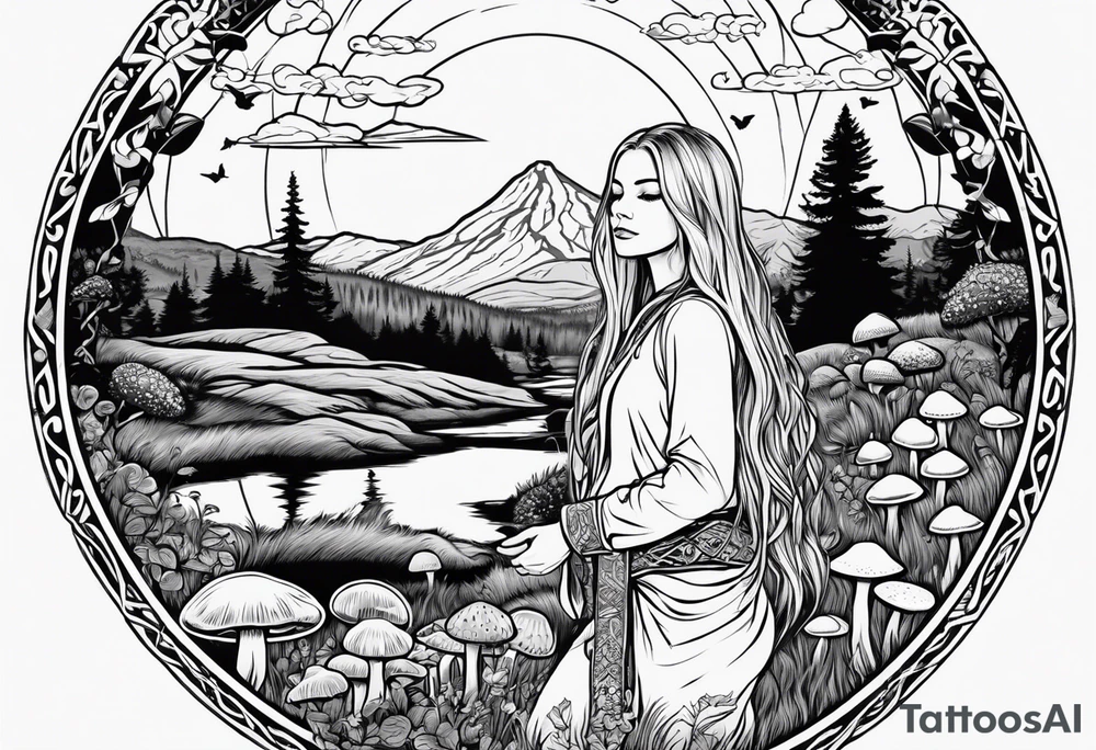 Whole picture encircled fully

Straight long blonde hair hippie girl in distance holding mushrooms in hand facing away toward mountains and creek surrounded by mushrooms long sleeve shirt and hiking pants; whole rendering within a full celtic circle border, no cut off circle tattoo idea