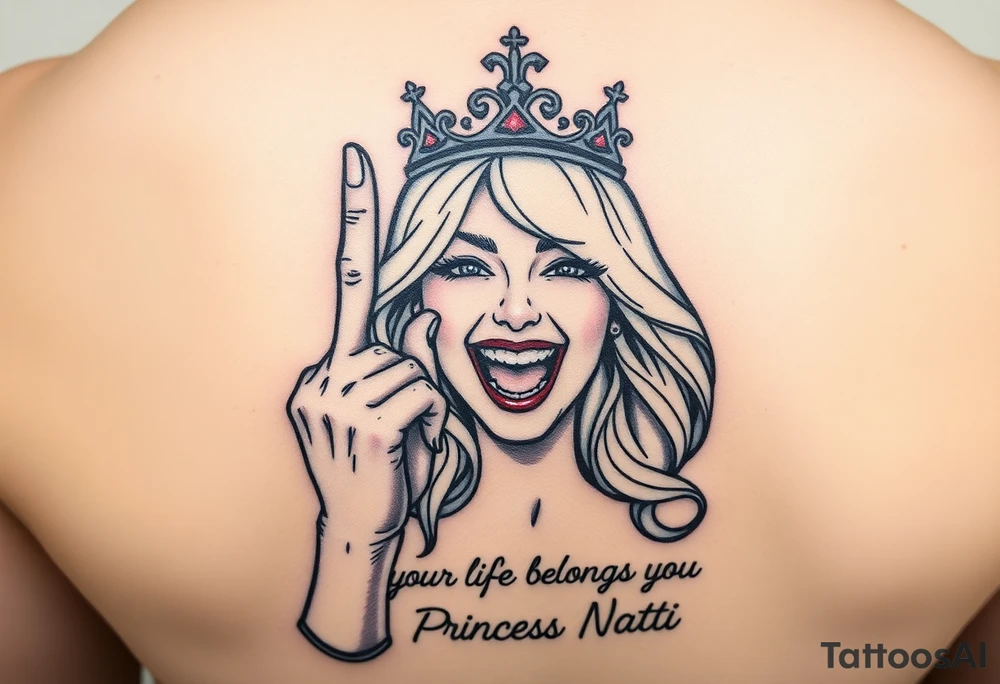 powerful blond findomme princess with crown on, holding up her middle finger laughing at you for being pathetic with caption “your life belongs to Princess Natti” tattoo idea