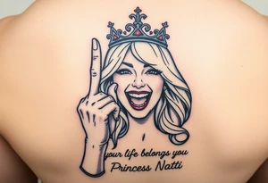 powerful blond findomme princess with crown on, holding up her middle finger laughing at you for being pathetic with caption “your life belongs to Princess Natti” tattoo idea