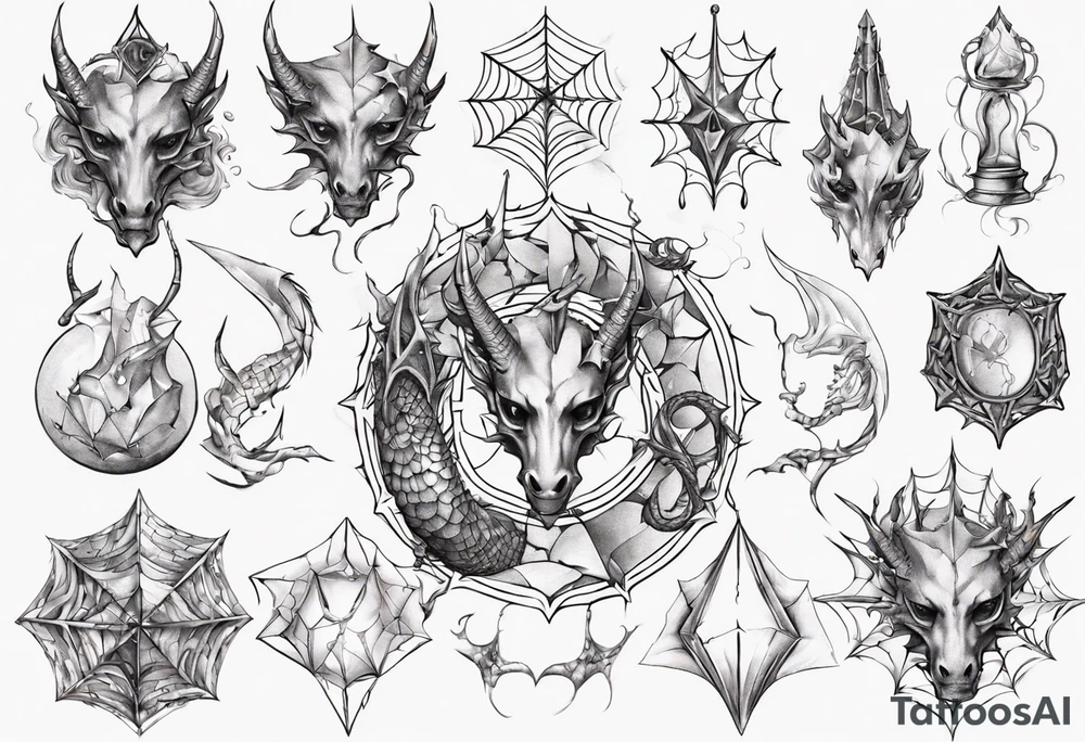Dragon spiral spiderweb shattered chalices jewels and unicorn horn tattoo idea