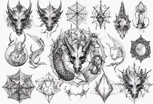 Dragon spiral spiderweb shattered chalices jewels and unicorn horn tattoo idea