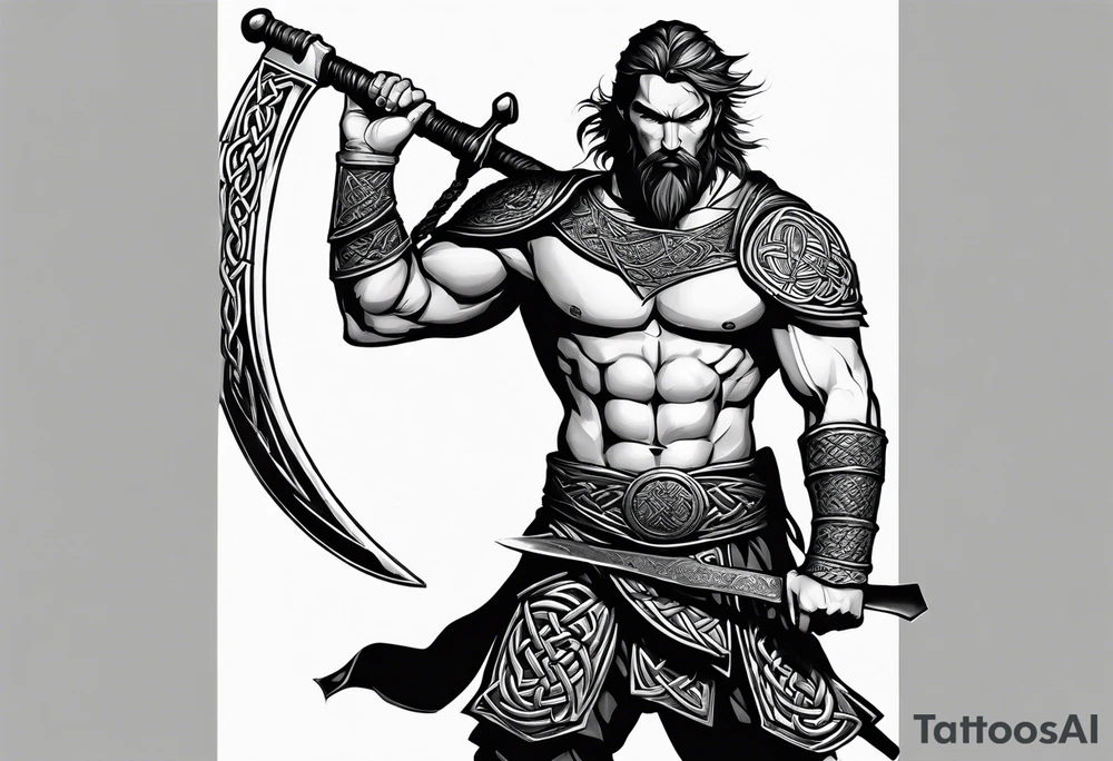Full body side profile of
Celtic warrior with short hair, a sword in one hand and an axe in the other. tattoo idea
