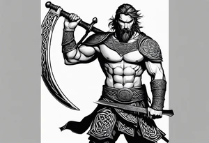 Full body side profile of
Celtic warrior with short hair, a sword in one hand and an axe in the other. tattoo idea