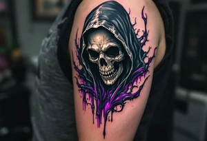 A surreal Grim Reaper dissolving into shadows with highlights of violet, black, and silver. tattoo idea