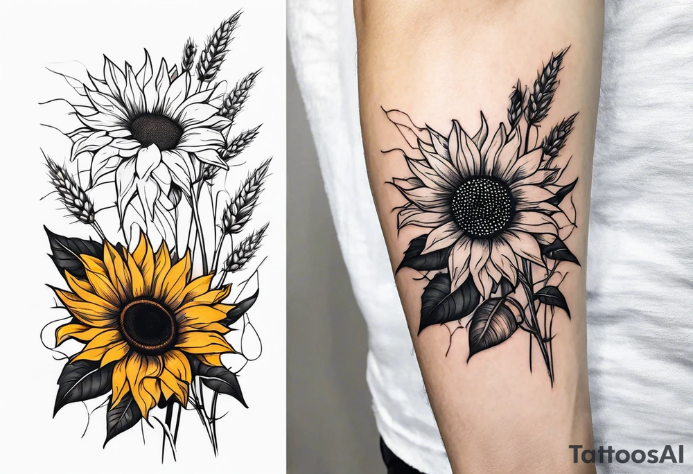 Sunflower, wheat, and barbed wire half sleeve tattoo idea