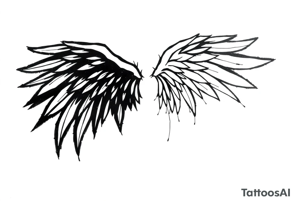 This tattoo design features a pair of asymmetrical angel wings drawn in black ink with a rough, sketch-like style. The left wing is darker, more defined, and appears denser, while the right wing is lighter, more delicate, and fragmented, creating a contrast between the two. The feathers are sharp and irregular, with fine lines and stray strokes extending outward, adding a raw and artistic feel. The overall look is dynamic and slightly chaotic, giving the impression of movement or an unfinished, ethereal form. This design symbolizes duality, freedom, transformation, or even struggle, making it a meaningful and visually striking tattoo. tattoo idea