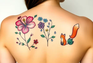 wild hibiscus and meadow flowers with morning dew drops and foxes tattoo idea