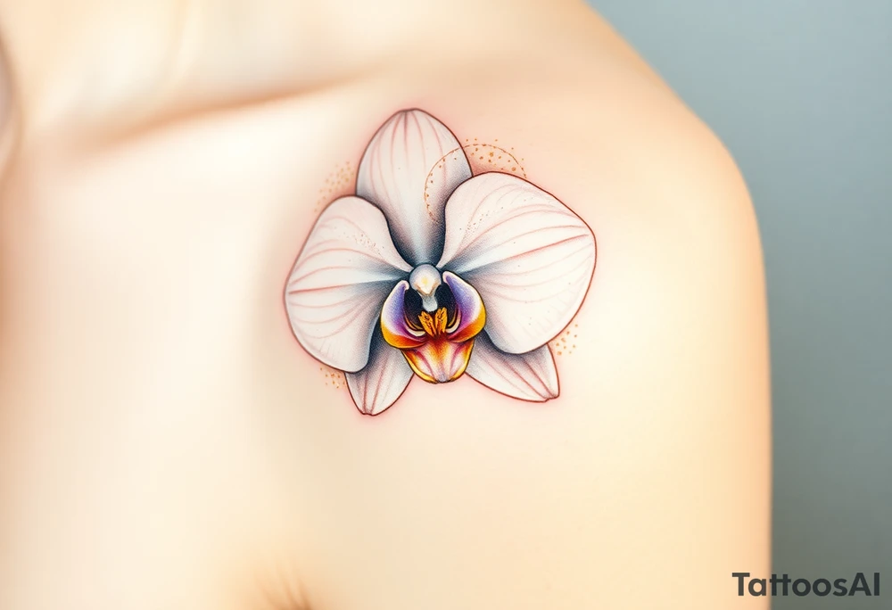 A single white orchid in full bloom, surrounded by subtle golden highlights, representing purity and elegance tattoo idea