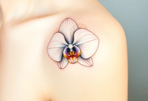 A single white orchid in full bloom, surrounded by subtle golden highlights, representing purity and elegance tattoo idea