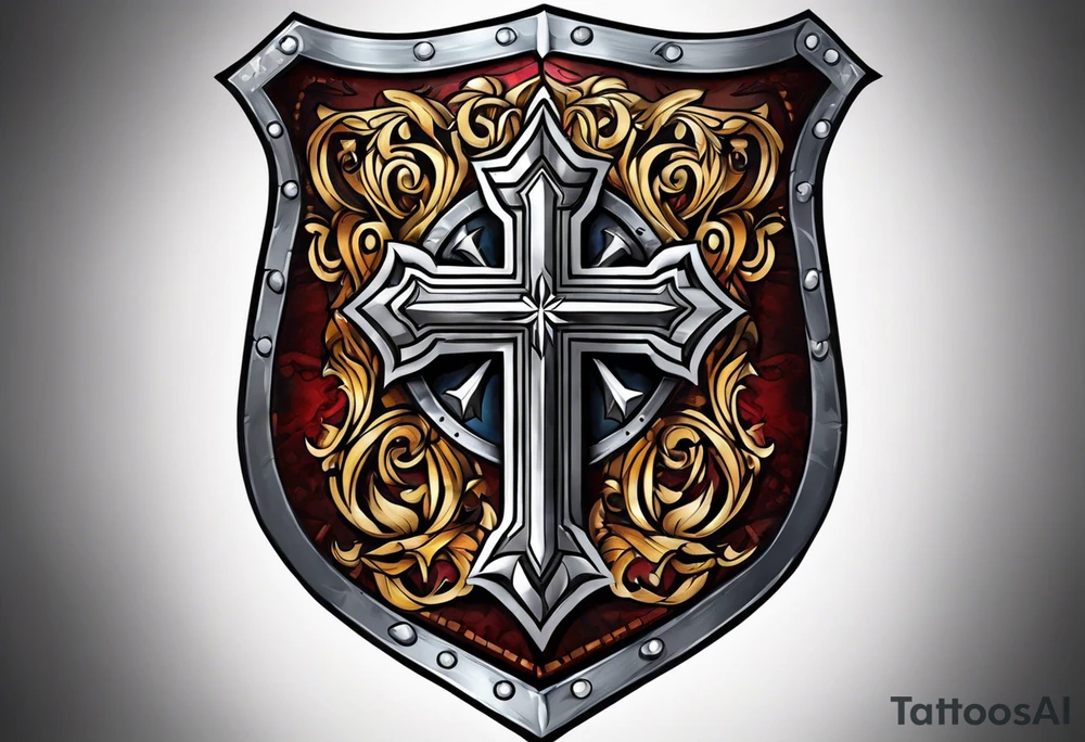shield with the cross of Christ tattoo idea