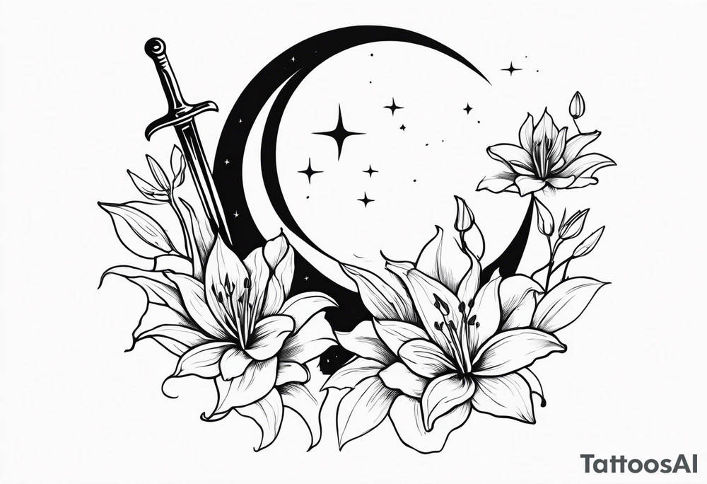 Moon , sword , lilies tattoo idea