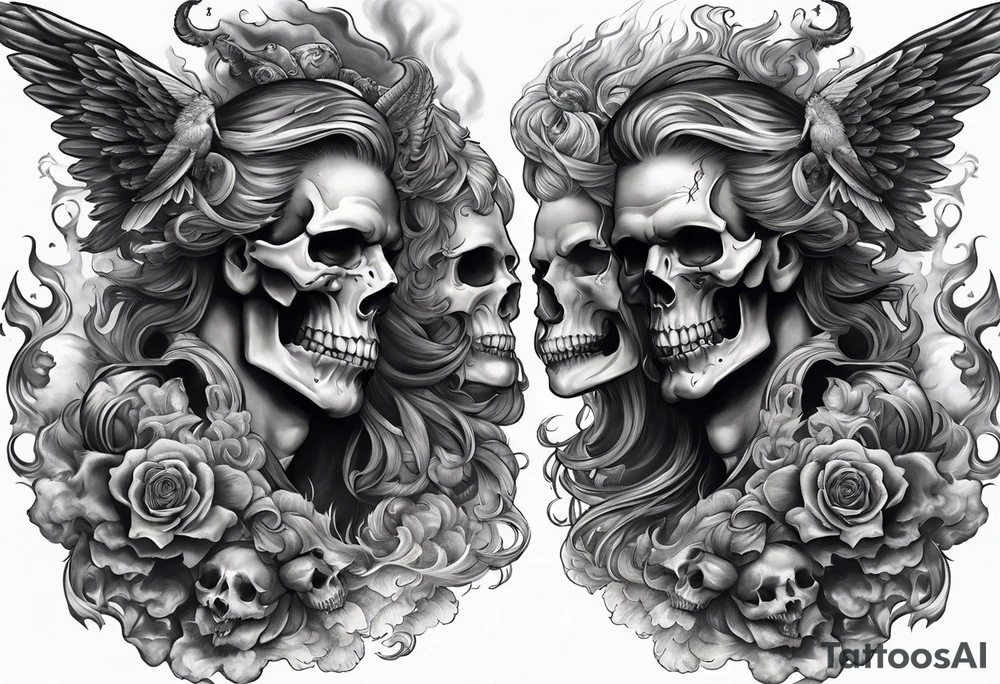 Angels vs demons full sleeve with skulls and fire and smoke for filler tattoo idea