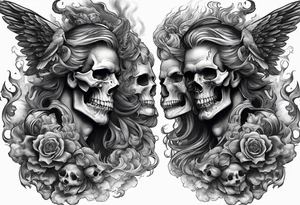 Angels vs demons full sleeve with skulls and fire and smoke for filler tattoo idea