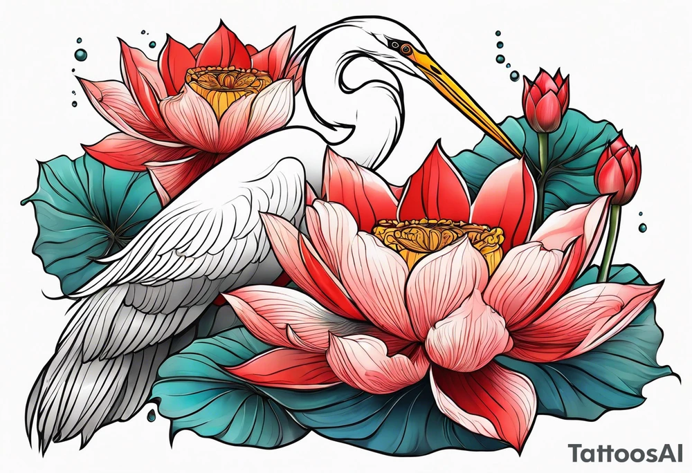 Egret and red lotuses tattoo idea
