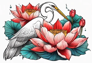 Egret and red lotuses tattoo idea