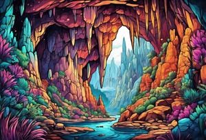 Colorful cave with stalactites and stalagmites tattoo idea
