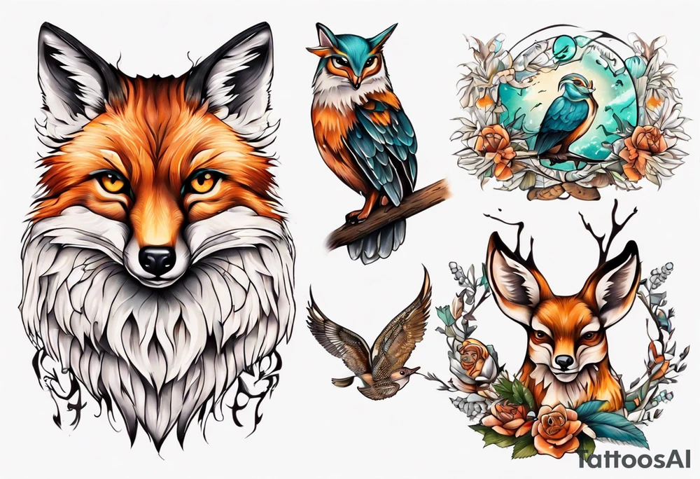 forelle fuchs und eule in einem tattoo idea
