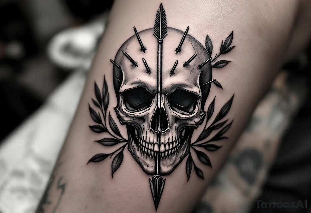 a skull whose head would be pierced by needles that under the face come down a long arrow and surrounded by a olive tree leaf around tattoo idea