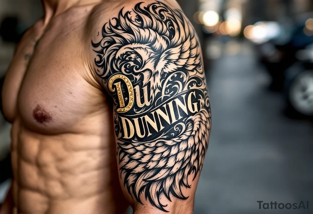 Dunning, left arm details include bold strong font, gold highlights, theme of wealth and angel wings, tattoo idea