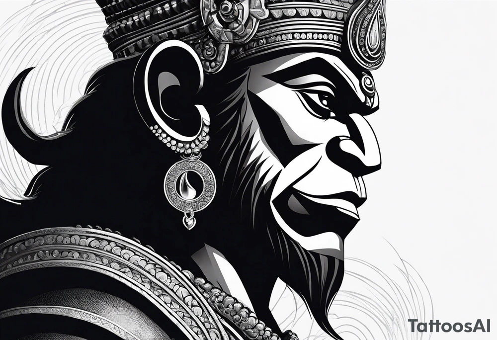 A simplified depiction of Hanuman, focusing on clean lines and minimal detail to capture his essence. Key features like his face, his mace (gada), and his posture could be subtly defined, without overwhelming detail. Avoid intricate textures, focusing more on silhouette and key symbolic elements. tattoo idea
