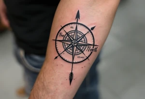 Rustic half compass with a long native American arrow pointing at my wrist with the words “True North” and says "Isaiah 40:31" tattoo idea