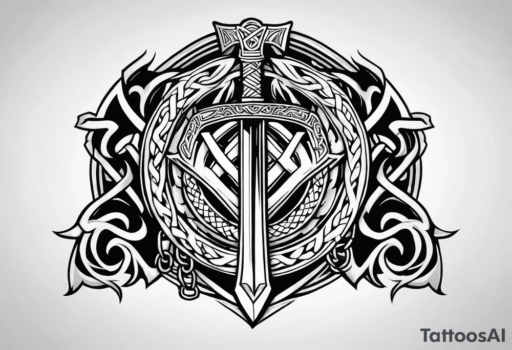 Valhalla sword shield dragon axe Valknut barbed wire chains tattoo idea Valhalla sword shield dragon axe Valknut barbed wire chains tattoo idea
