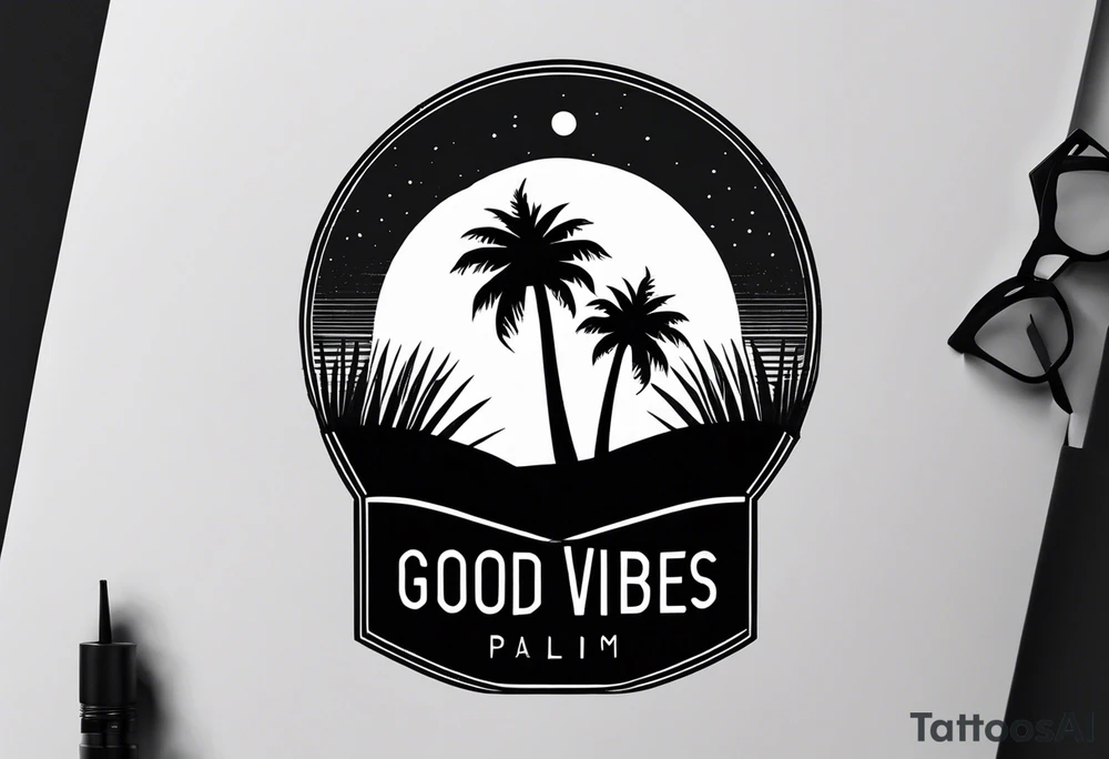 a minimalist tattoo of a sun and a palm tree with the words good vibes below it, make it only very small and keep the sun and palm tree minimal as well and make it look like silhouettes use only lines tattoo idea