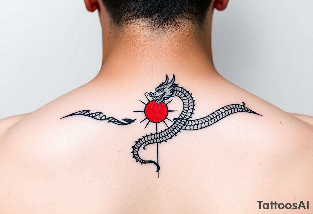 "Minimalist black and red forearm band tattoo. Seamless 360° design combining:  
1. Greek meander (geometric flow)  
2. Polynesian tribal rhythm (bold lines)  
3. Chinese dragon (abstract zigzag)  

Key elements:  
- Small red sun (circle + 4 rays) — only color  
- Dragon fused with meander (single continuous line)  
- Golden ratio proportions  

Style: Clean line art, 1.5mm thickness, no shading. Sacred and balanced." tattoo idea