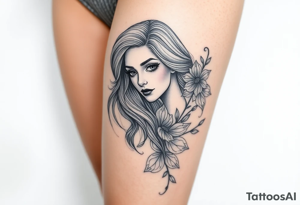 Full thigh tattoo with pretty girl and art work tattoo idea