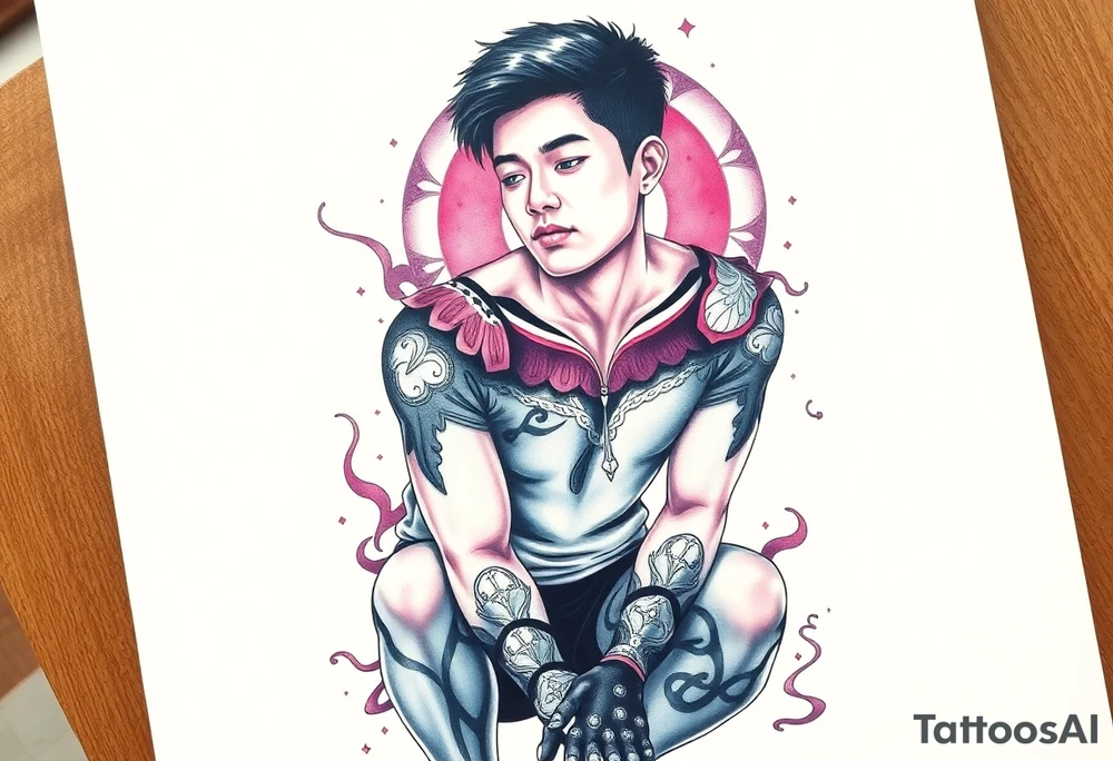 Handsome Asian young guy is standing on his knees and looking down tattoo idea