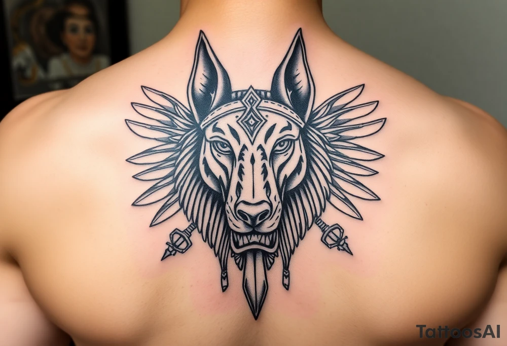 Egyptian Anubis god powerful face muscle in Egypt style dog face surrounded Egyptian symbols tattoo idea