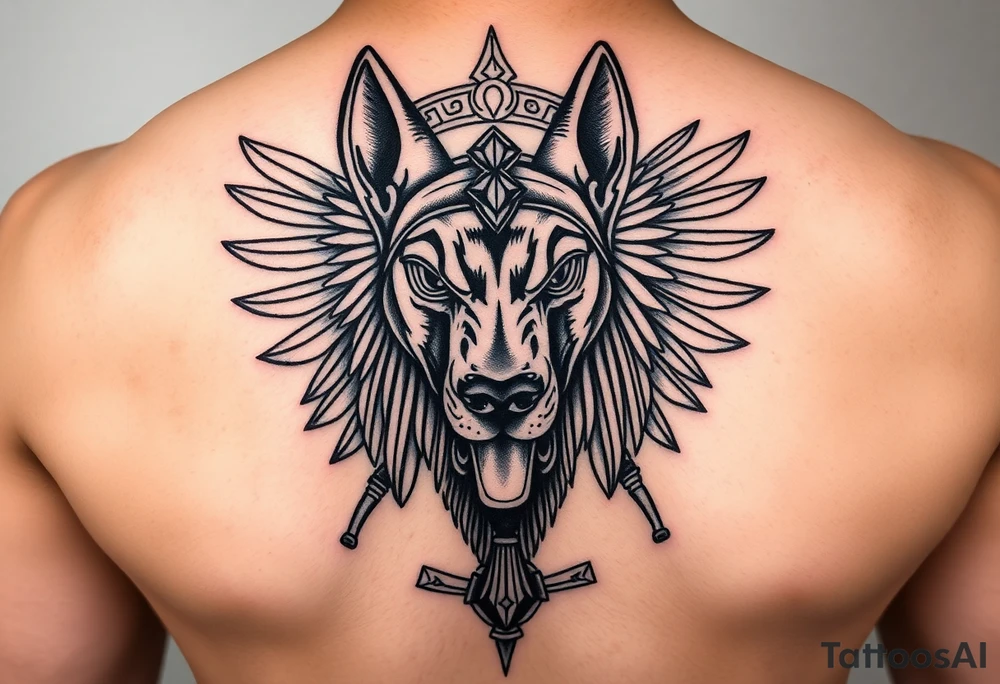 Egyptian Anubis god powerful face muscle in Egypt style dog face surrounded Egyptian symbols tattoo idea
