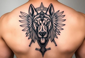 Egyptian Anubis god powerful face muscle in Egypt style dog face surrounded Egyptian symbols tattoo idea