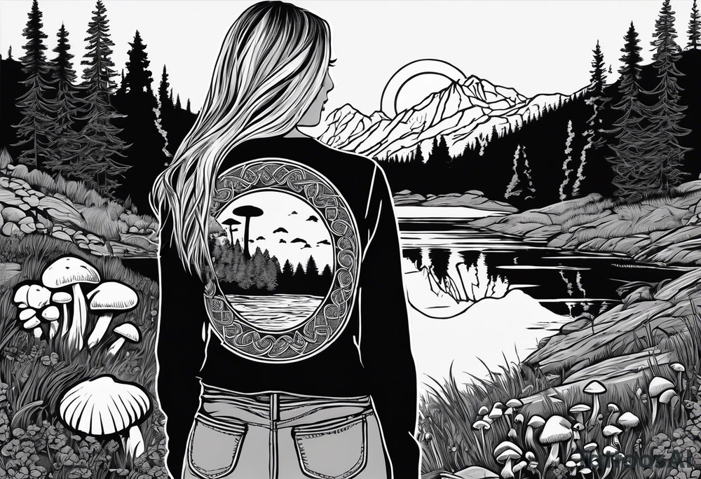 Whole picture encircled fully

Straight long blonde hair hippie girl in distance holding mushrooms in hand facing away toward mountains and creek surrounded by mushrooms long sleeve shirt and hiking pants; whole rendering within a full celtic circle, no cut off circle tattoo idea