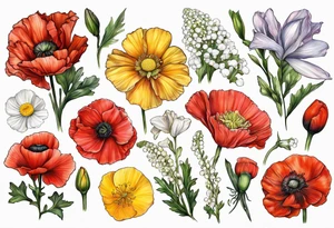 Carnation, primrose, daisy, daisy, lily of the valley, poppy, poppy, poppy, aster, norcissus tattoo idea