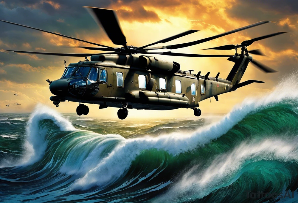 A cinematic-style tattoo depicting a Canadian military CH-148 Cyclone helicopter performing a daring maneuver over a turbulent ocean. The sky should be filled with dramatic clouds, and the sun should be setting, casting long shadows. The helicopter should be the main focus, with intricate details and a sense of motion. In the background, a poppy should be prominently displayed, and a quote from 'Lest We Forget' should be included, black and white tattoo tattoo idea