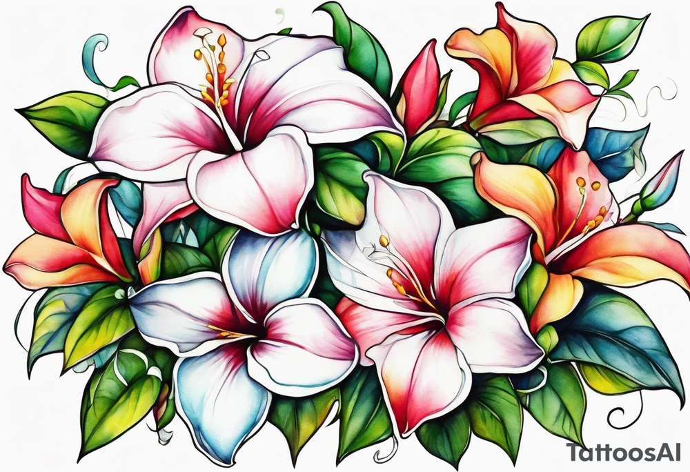 white background, abstract mandevilla flowers on a vine, part of it watercolor, part of it just line work tattoo idea