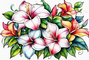 white background, abstract mandevilla flowers on a vine, part of it watercolor, part of it just line work tattoo idea