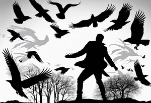 Silhouette of a man on his hands and knees bent over with crows coming out his back flying away. tattoo idea