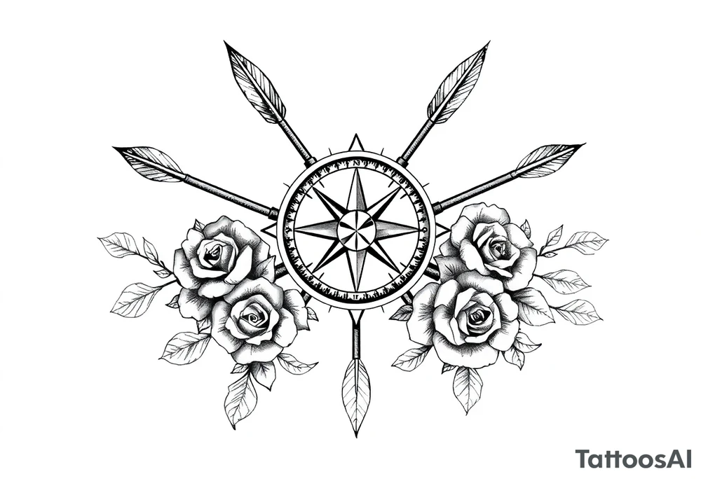 Detailed arrows with compass over top and beautiful rose vines around tattoo idea