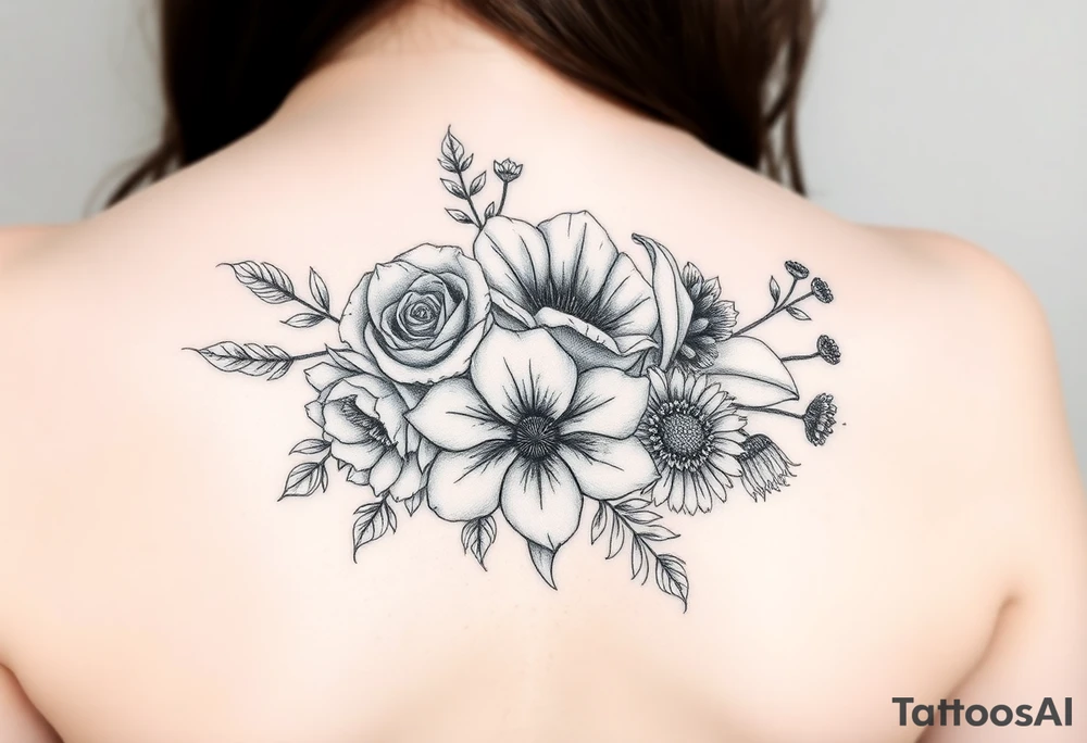 Bouquet of al these flower; Rose, carnation, lily, aster, larksper tattoo idea