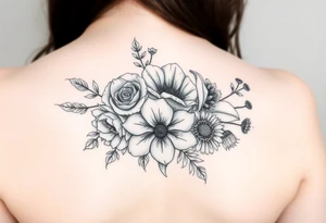 Bouquet of al these flower; Rose, carnation, lily, aster, larksper tattoo idea