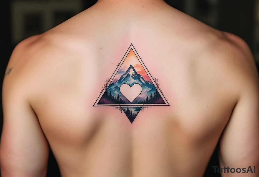 A triangle with a big heart in the cente with a mountain theme tattoo idea