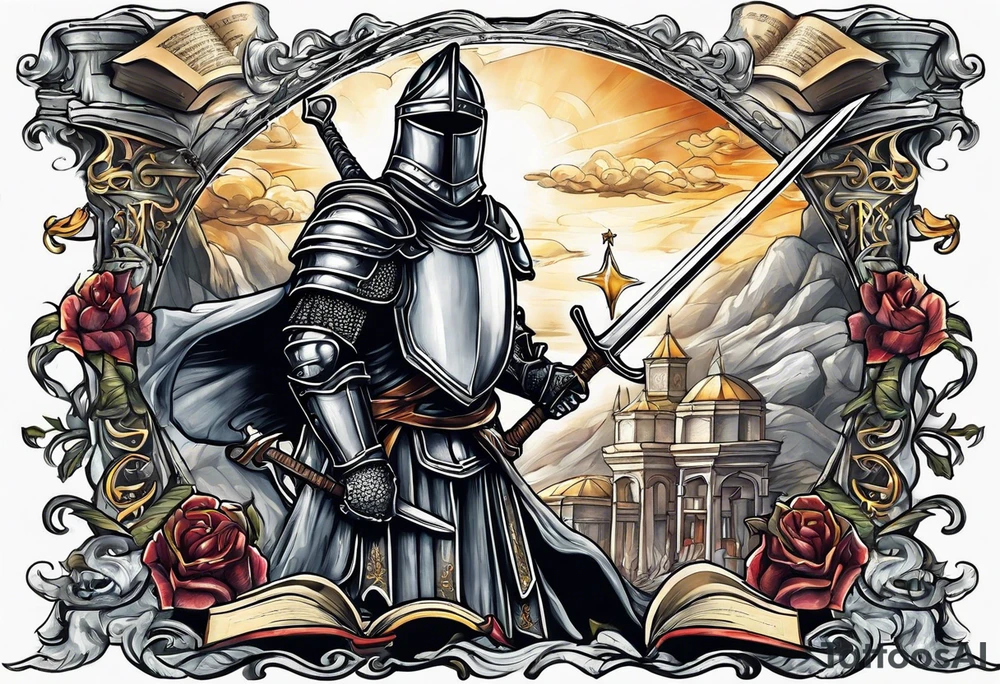 a knight pulling a sword out of an open bible tattoo idea