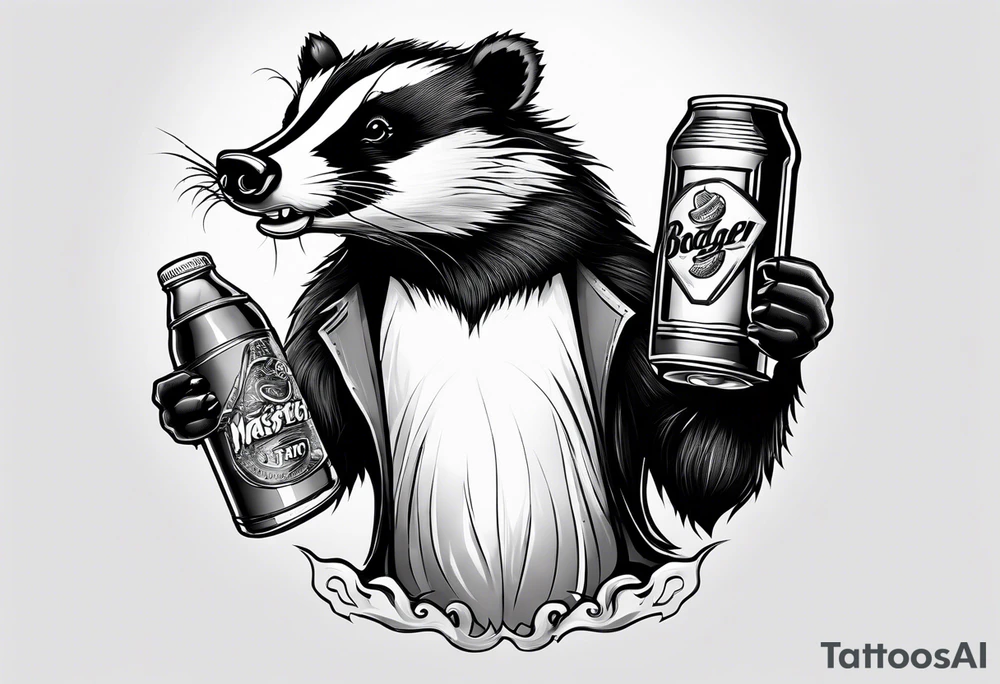 Angry badger with mouth open with soda can and chips in hands tattoo idea