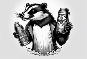 Angry badger with mouth open with soda can and chips in hands tattoo idea